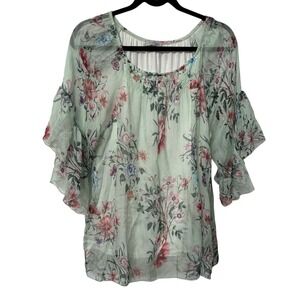 Angela Moda Silk Shirt Womens M Ruffle Sleeve Sheer Floral Resortwear Vacation